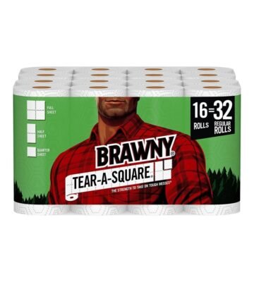 Brawny Tear-A-Square Paper Towels. 16 Double Rolls = 32 Regular Rolls. 3 Sheet Size Options. Quarter Size Sheets